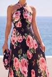 Zwarte halterhals bloemenprint geplooide chiffon maxi-jurk