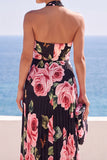 Zwarte halterhals bloemenprint geplooide chiffon maxi-jurk