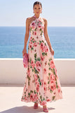 Zwarte halterhals bloemenprint geplooide chiffon maxi-jurk