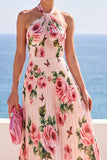 Zwarte halterhals bloemenprint geplooide chiffon maxi-jurk