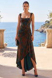Donkergroene vierkante hals Jacquard Jacquard Rimpelde Schede Maxi Jurk