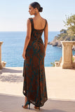 Donkergroene vierkante hals Jacquard Jacquard Rimpelde Schede Maxi Jurk