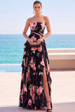 Zwarte gelaagde, gerimpelde bloemenprint strapless chiffon maxijurk met split