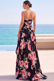 Zwarte gelaagde, gerimpelde bloemenprint strapless chiffon maxijurk met split