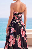 Zwarte gelaagde, gerimpelde bloemenprint strapless chiffon maxijurk met split