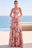 Zwarte gelaagde, gerimpelde bloemenprint strapless chiffon maxijurk met split