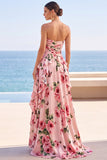 Zwarte gelaagde, gerimpelde bloemenprint strapless chiffon maxijurk met split