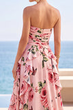 Zwarte gelaagde, gerimpelde bloemenprint strapless chiffon maxijurk met split