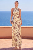Abrikozenhoge hals bloemenprint Maxi jurk