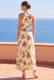 Abrikozenhoge hals bloemenprint Maxi jurk