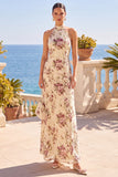 Abrikozenhoge hals bloemenprint Maxi jurk