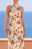 Abrikozenhoge hals bloemenprint Maxi jurk
