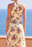 Abrikozenhoge hals bloemenprint Maxi jurk