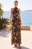Abrikozenhoge hals bloemenprint Maxi jurk