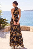 Abrikozenhoge hals bloemenprint Maxi jurk