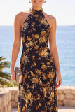 Abrikozenhoge hals bloemenprint Maxi jurk
