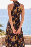 Abrikozenhoge hals bloemenprint Maxi jurk