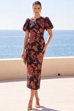 Zwarte rondhals bloemen bodycon midijurk met platte korte mouwen