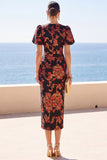 Zwarte rondhals bloemen bodycon midijurk met platte korte mouwen