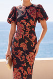 Zwarte rondhals bloemen bodycon midijurk met platte korte mouwen
