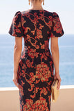 Zwarte rondhals bloemen bodycon midijurk met platte korte mouwen