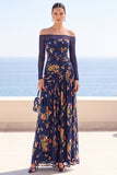 Marineblauwe Illusion Off The Shoulder Bloemenborduursel Maxijurk met gerimpelde jurk en lange mouwen