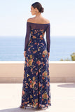 Marineblauwe Illusion Off The Shoulder Bloemenborduursel Maxijurk met gerimpelde jurk en lange mouwen