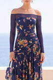 Marineblauwe Illusion Off The Shoulder Bloemenborduursel Maxijurk met gerimpelde jurk en lange mouwen