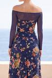 Marineblauwe Illusion Off The Shoulder Bloemenborduursel Maxijurk met gerimpelde jurk en lange mouwen