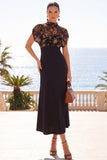 Zwarte Illusion High Neck Bloemen Midi jurk met korte mouwen