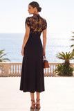 Zwarte Illusion High Neck Bloemen Midi jurk met korte mouwen