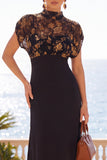Zwarte Illusion High Neck Bloemen Midi jurk met korte mouwen