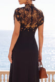 Zwarte Illusion High Neck Bloemen Midi jurk met korte mouwen