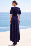 Polka dots marineblauwe V-hals midi-jurk met hoge zoom en fladderende korte mouwen