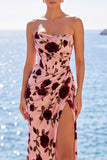 Roze, rood bloemenkorset met gerimpelde, strapless schede maxijurk met split