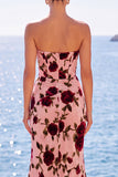Roze, rood bloemenkorset met gerimpelde, strapless schede maxijurk met split