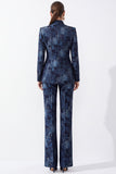Donkerblauwe bloemen Jacquard Fitted Mandarijnkraag Damespakken met zakken