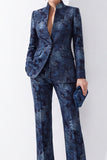 Donkerblauwe bloemen Jacquard Fitted Mandarijnkraag Damespakken met zakken