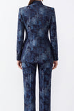 Donkerblauwe bloemen Jacquard Fitted Mandarijnkraag Damespakken met zakken