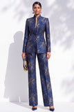 Donkerblauwe bloemen Jacquard Fitted Mandarijnkraag Damespakken met zakken