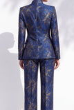 Donkerblauwe bloemen Jacquard Fitted Mandarijnkraag Damespakken met zakken