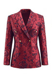 Donkerrode bloemen Jacquard Peak revers dubbelgeknoopte lange damespakken