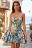 Blauwe Jacquard gerimpelde A-lijn strapless korte homecomingjurk