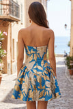 Blauwe Jacquard gerimpelde A-lijn strapless korte homecomingjurk