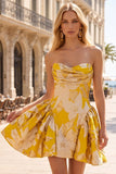 Blauwe Jacquard gerimpelde A-lijn strapless korte homecomingjurk