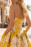 Blauwe Jacquard gerimpelde A-lijn strapless korte homecomingjurk
