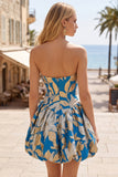 Blauwe Bubble Zoom Jacquard gerimpelde A-lijn strapless korte homecoming jurk