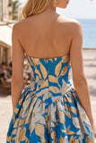 Blauwe Bubble Zoom Jacquard gerimpelde A-lijn strapless korte homecoming jurk