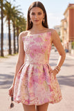 Roze bloemen Jacquard Asymmetrische gerimpelde Bubble Zoom Korte Homecoming Jurk