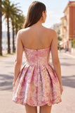 Roze bloemen Jacquard Asymmetrische gerimpelde Bubble Zoom Korte Homecoming Jurk
